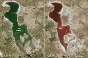 Озеро Урмия в Иране стало кроваво-красного цвета