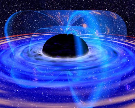 Аккреционный диск горячей плазмы, вращающийся вокруг чёрной дыры.