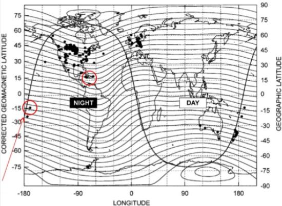 Случаи наблюдения полярного сияния в 1921 году. Красный кружок слева — Самоа