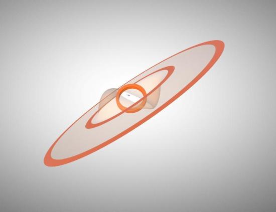 Изображение трех смещенных колец (оранжевого цвета) GW Orionis.