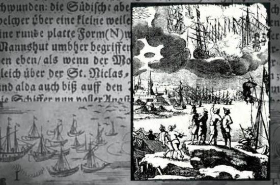 Гравюра 1680 года, сопровождающая описание от Эразма Франциски битвы между кораблями в небе в 1665 году.
