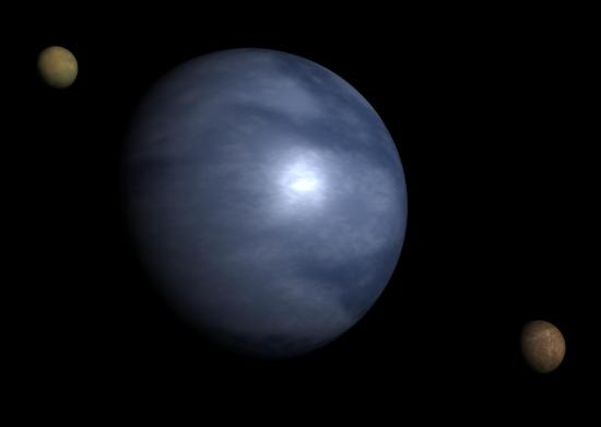 Экзопланета-океан с двумя спутниками в представлении художника.