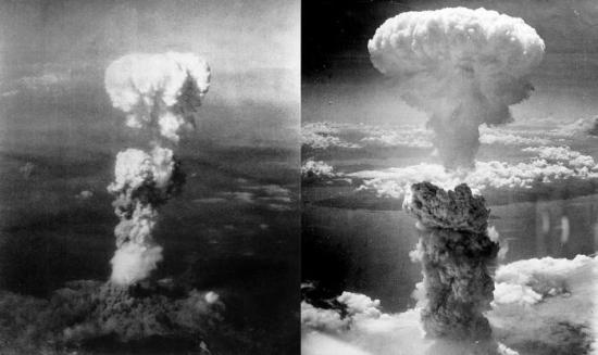 Ядерный гриб над Хиросимой (слева) и Нагасаки (справа).