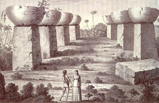 Остров Тиниан в прошлом с целой каменной аллеей, иллюстрация из неизвестного старого издания.
