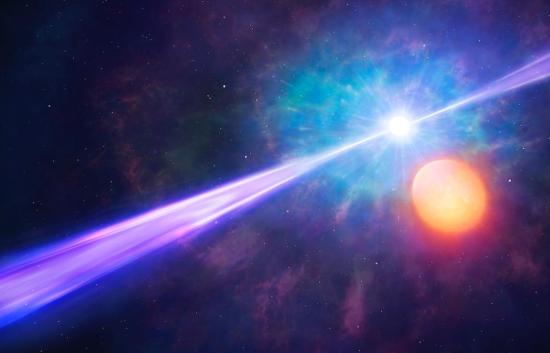Яркие лучи света, названные гамма-всплесками, могут возникать в двойных звездных системах, как показано на этой иллюстрации.