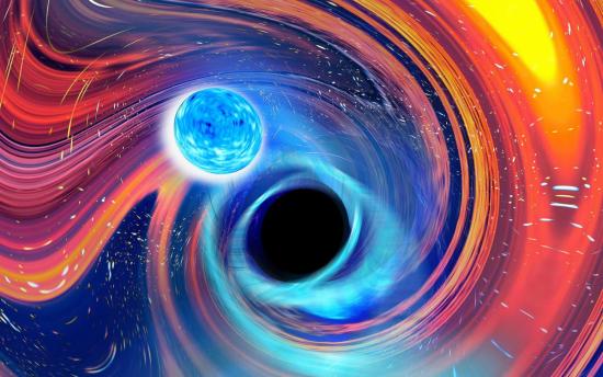 Слияние черной дыры и нейтронной звезды в представлении художника.