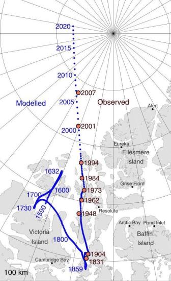 Перемещение северного магнитного полюса Земли с начала XVII века.