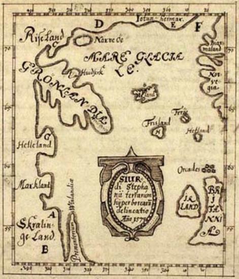 Карта, составленная в 1570 году исландским ученым, на которой изображены Гренландия и Маркланд на побережье Канады.