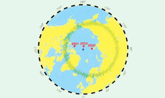 Малый круг очерчивает территорию, где в 2050 году будет наблюдаться полярное сияние.