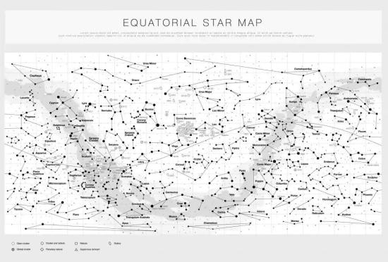 Карта всего неба с 88 созвездиями, Млечный Путь, представленный темной полосой, и эллипс, представленный сплошной темной линией.