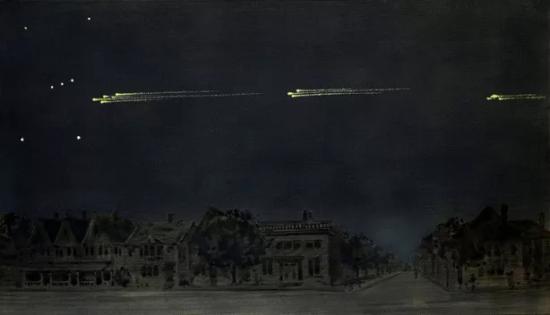 Картина Густава Хана с метеоритами, которые он видел вблизи Хай-парка в Торонто