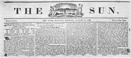Титульная страница NY Sun: 25 августа 1835 г.