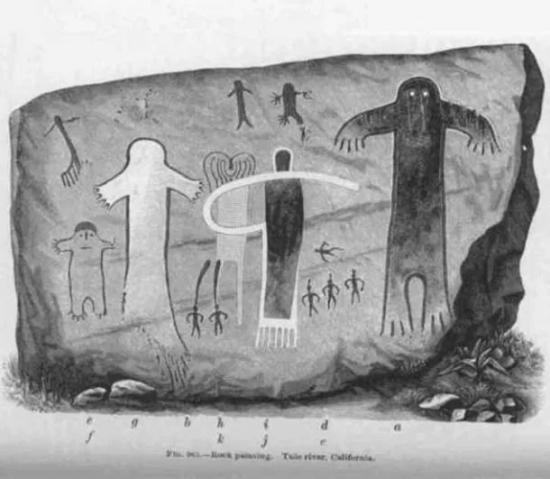 Репродукция йокутских петроглифов в Раскрашенной скале, по-видимому, изображающая загадочную семью йети.