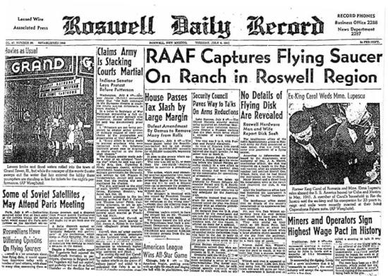Газета Roswell Daily Record от 8 июля 1947 года, сообщающая о «захвате» «летающей тарелки».
