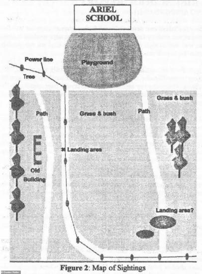 Карта, показывающая расположение школы Ариэль по отношению к тому месту, где, по утверждениям детей, они были свидетелями этого события.