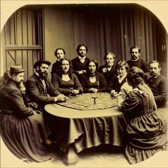Историческая фотография конца XIX века, изображающая группу людей, сидящих вокруг стола со спиритической доской.