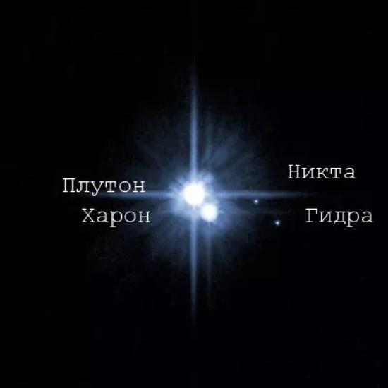 лутон и три из его известных спутников. Плутон и Харон — два ярких объекта в центре; два слабых пятнышка правее — это Никта и Гидра