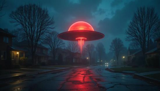 Светящийся красный шар над мостовой.