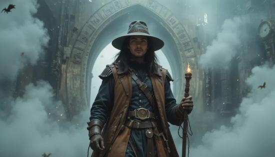 Путешественник перед каменным порталом.