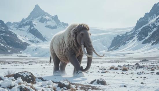 Мамонт в снежной Арктике.