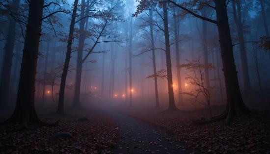 Туманный лес с загадочными огнями