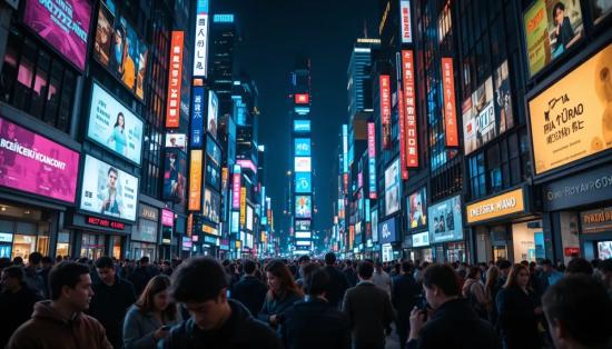 Современный мегаполис ночью как символ отчуждения и информационного шума.