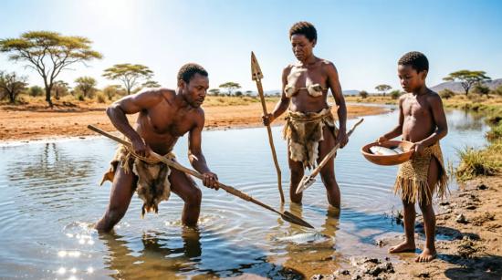 Древние люди ловят рыбу после извержения