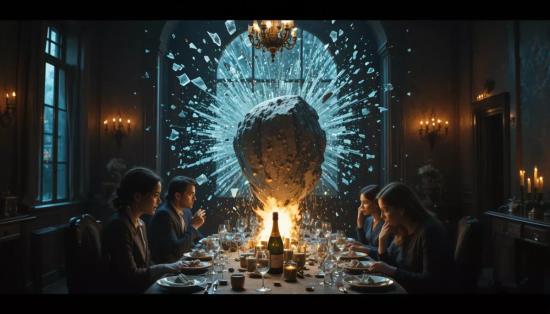 Камень разбивает окно в столовой