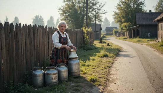 Старушка продает молоко у дороги