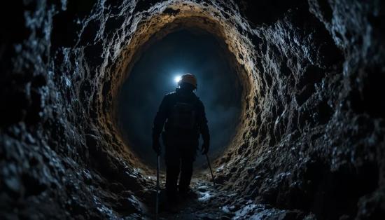 Спуск спелеолога в тёмную шахту