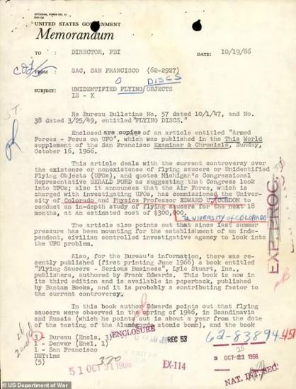 Недавно обнародованная записка представляет собой внутренний документ ФБР от 19 октября 1966 года, отправленный из офиса бюро в Сан-Франциско директору ФБР Дж. Эдгару Гуверу под заголовком «Неопознанные летающие объекты».