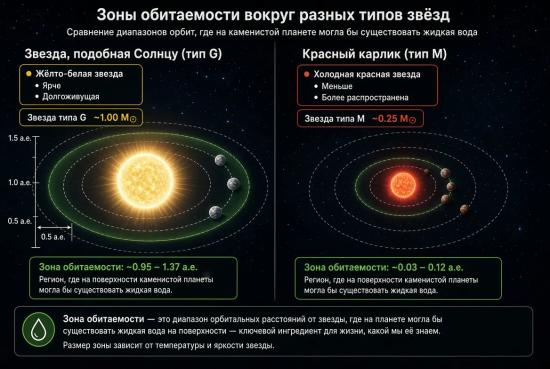 Обитаемые зоны разных звёзд
