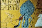 Бог Ра в образе кота побеждает змея Апопа (справа). Папирус Ани.