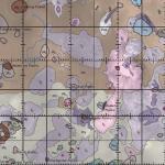 Фрагмент карты. Относительно молодые лавовые потоки (возрастом в десятилетия) отмечены розовым и тёмно-фиолетовым цветами. Ширина изображённой местности – около 2000 км (иллюстрация US Geological Survey).