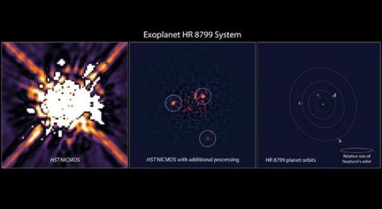 Слева — звезда HR 8799 глазами «Хаббл...