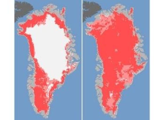 Таяние снега в Гренландии 8 (слева) и...