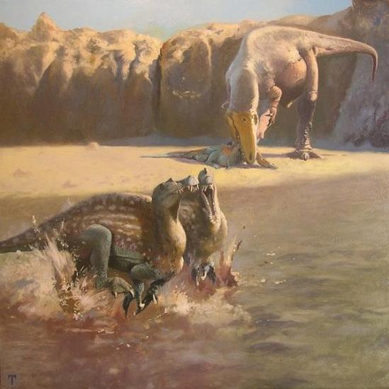 Саурониопс обедает молодым спинозавро...