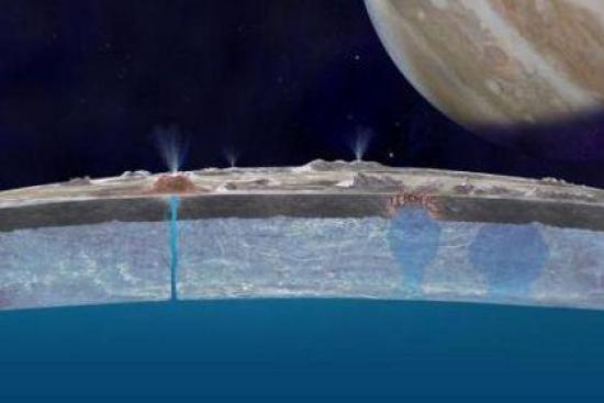 Вулканы и гейзеры на Европе. NASA/JPL...