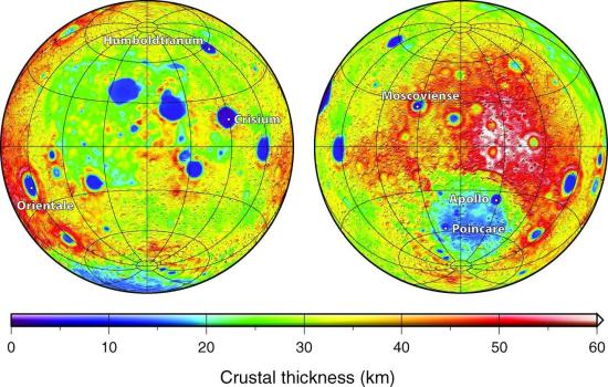 Толщина лунной коры. Слева видимая, с...