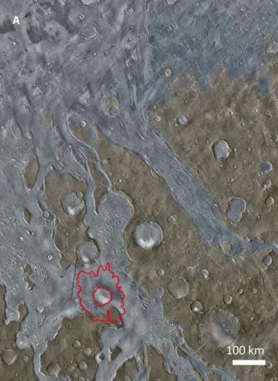 Область кратера Мохаве выделена красн...