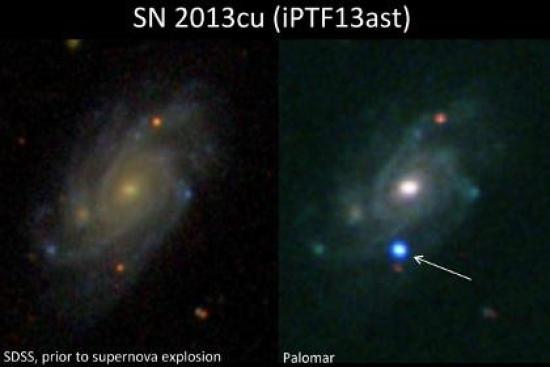 Звезда SN 2013cu после взрыва (справа...