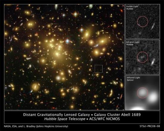 Снимки A1689-zD1 от телескопов Hubble...
