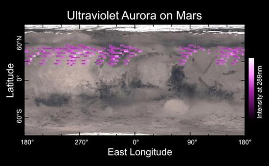 Карта сияний на Марсе. Изображение: U...