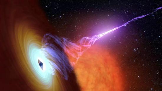 Черная дыра с вращающимся вокруг нее диском вещества и мощной струей энергичных частиц.