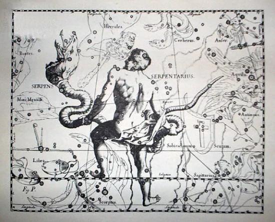 Созвездие Змееносец в Атласе звёздного неба Яна Гевелия (XVII век).