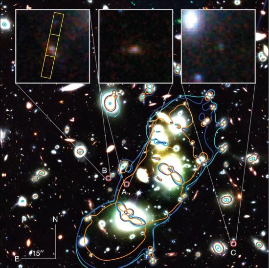 Изображение скопления Abell 2744 с помощью NIRCam в искусственных цветах.