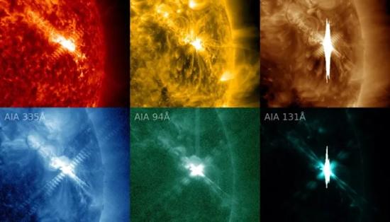 Космические фотографии вспышки 14 декабря 2023 года, полученные телескопами AIA на спутнике SDO в разных областях спектра.