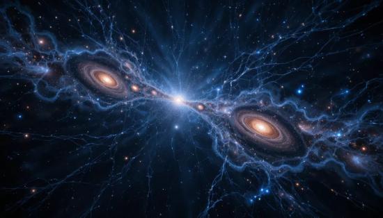 Галактики, увлекаемые Тёмным потоком через космическую сеть.