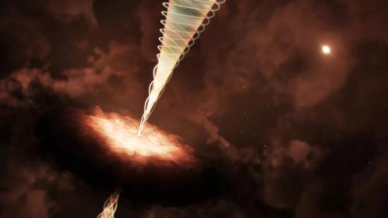 Молодая протозвезда в области NGC 1333 IRAS 4A с аккреционным диском и закрученным магнитным полем, управляющим газовым джетом.