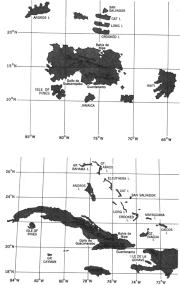 Куба на современной карте (внизу) и на карте Пири Рейса (вверху, повернуто)